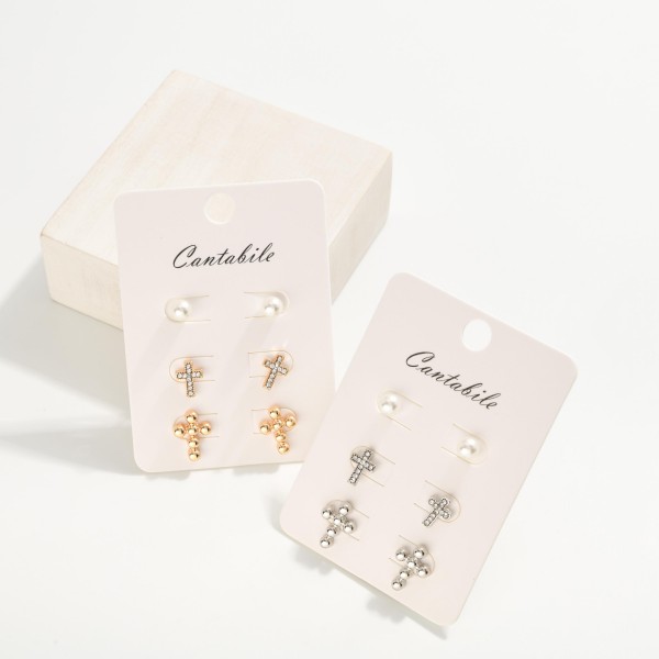 Set Of Three Metal Tone Cross Earrings Featuring Pearls And Rhinestones