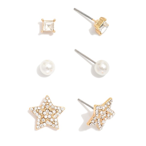 Wholesale set Three Metal Earrings Rhinestone Pearls L