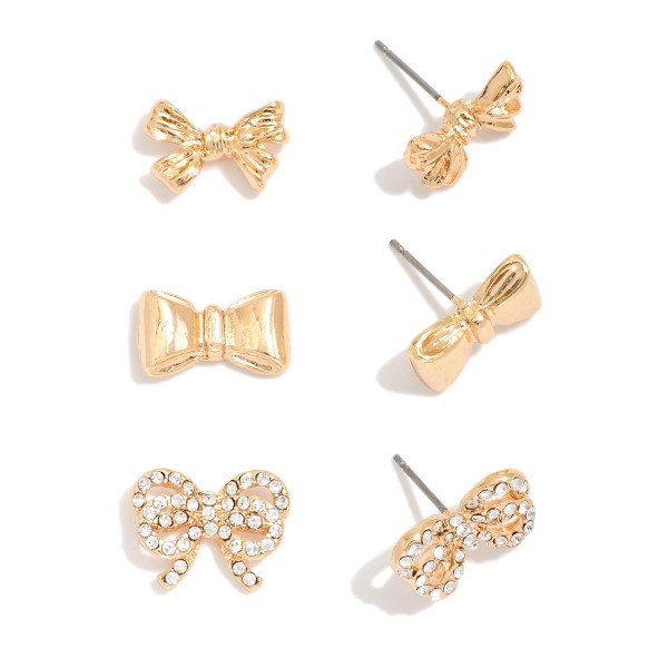 Wholesale set Three Stud Earring Metal Bows Small Rhinestones L