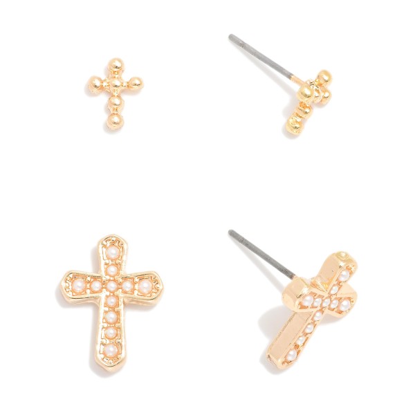 Wholesale set Two Metal Earrings Pearl Studded Cross Earring L