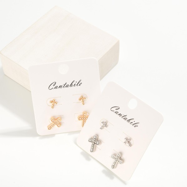 Set Of Two Metal Tone Earrings Featuring Pearl Studded Cross Earring 
- Approximately .5" - .25" L