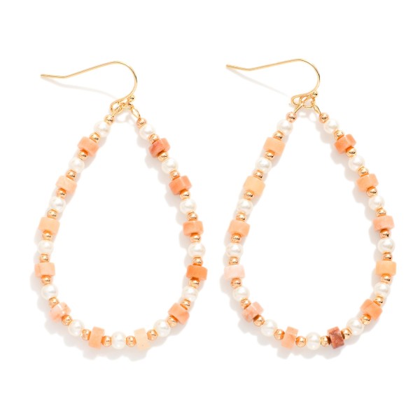 Beaded Teardrop Drop Earrings Featuring Metal Tones, Pearls, & Stone Disc Beads

- Approximately 2.5" L
