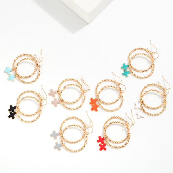 Metal Tone Beaded Hoop Drop Earrings Featuring Enamel Plus Cross Dangle 
- Approximately 2" L