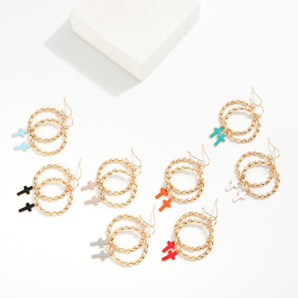 Metal Tone Beaded Hoop Drop Earrings Featuring Enamel Cross Dangle
- Approximately 2" L