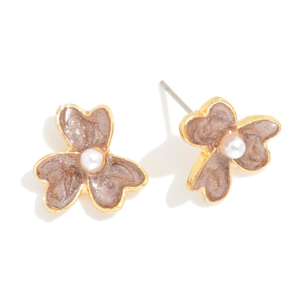 Wholesale glitter Enamel Flower Stud Earrings Pearl Detail L
