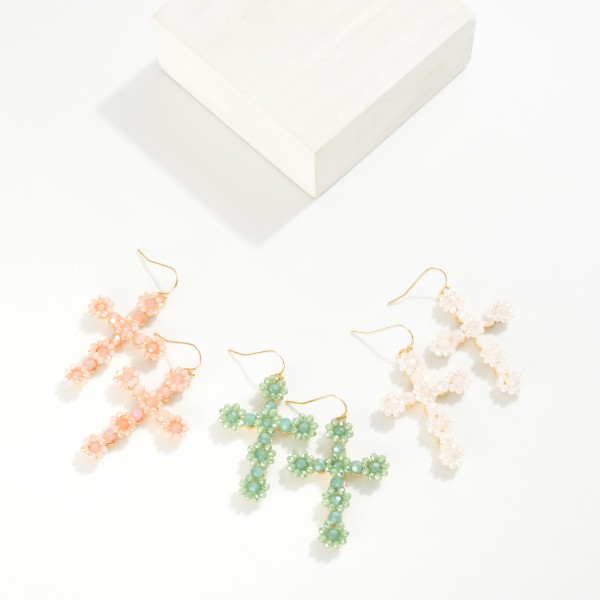 Beaded Flower Cross Drop Earrings 
- Approximately 2" L