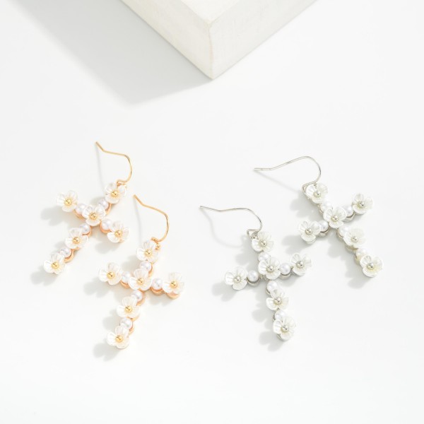 Pearl & Pearl Flower Studded Cross Drop Earrings 
- Approximately 2" L