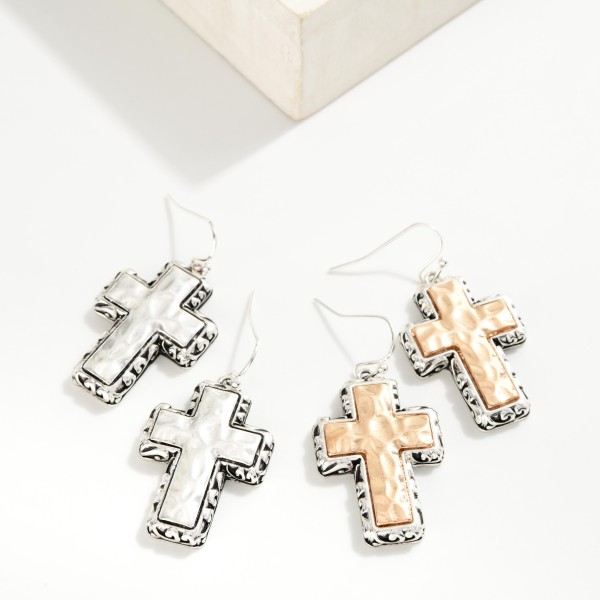 Chunky Hammered Metal Cross Drop Earrings 
- Approximately 1.75" L