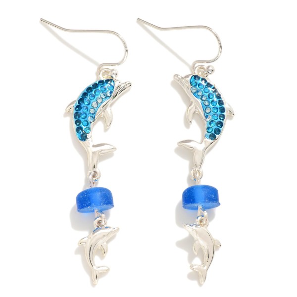 Wholesale linked Dolphin Drop Earrings Metal Tones Rhinestones L