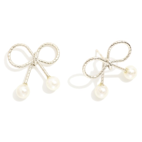 Wholesale textured Metal Bow Earrings Pearl Details K Gold Dipped Sterling Silve