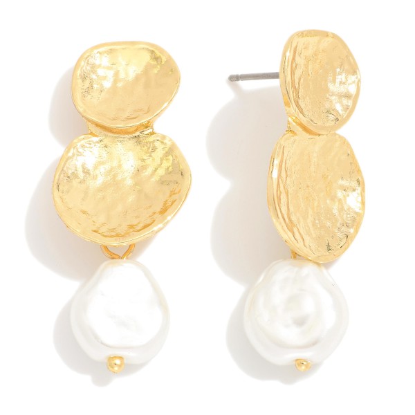 Wholesale layered Hammered Metal Circle Post Drop Earrings Flat Pearl Dangle L