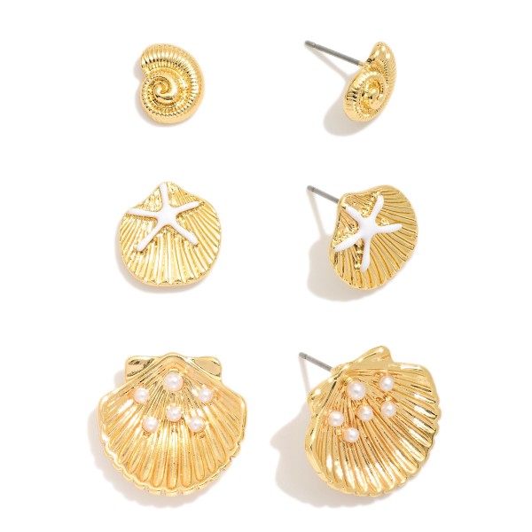 Set OF Three Metal Tone Shell Stud Earrings 

- Approximately .5" - .75" L