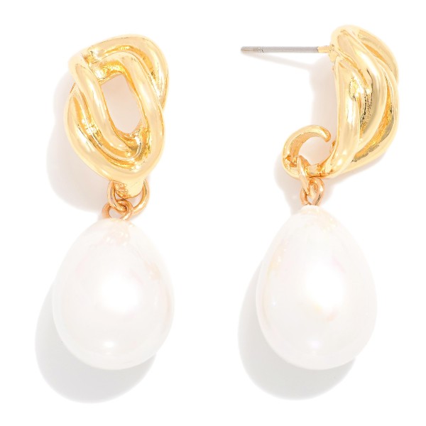 Wholesale intertwined Wavy Metal Hoops Post Drop Earrings Linked Pearl Teardrop