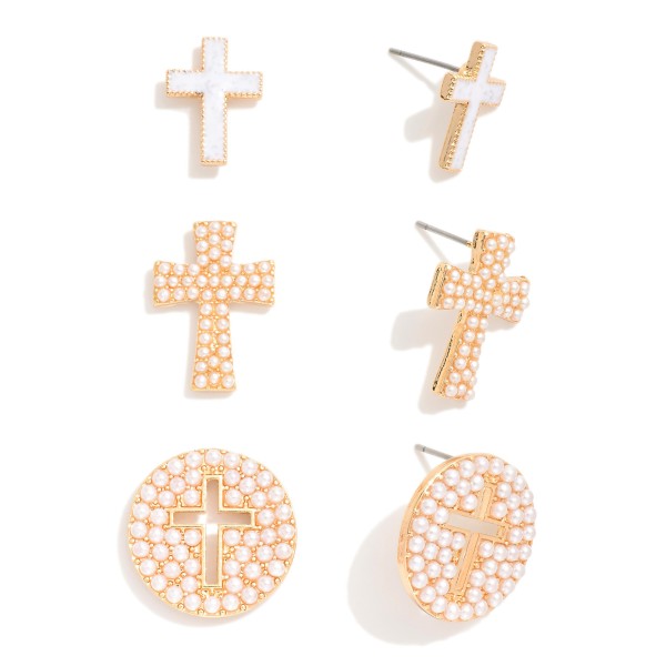Wholesale set Three Cross Drop Earrings Pearls Details L