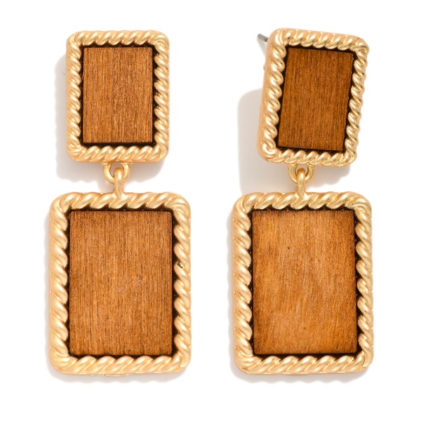 Wholesale linked Wood Rectangles Post Drop Earrings Twisted Metal Border L