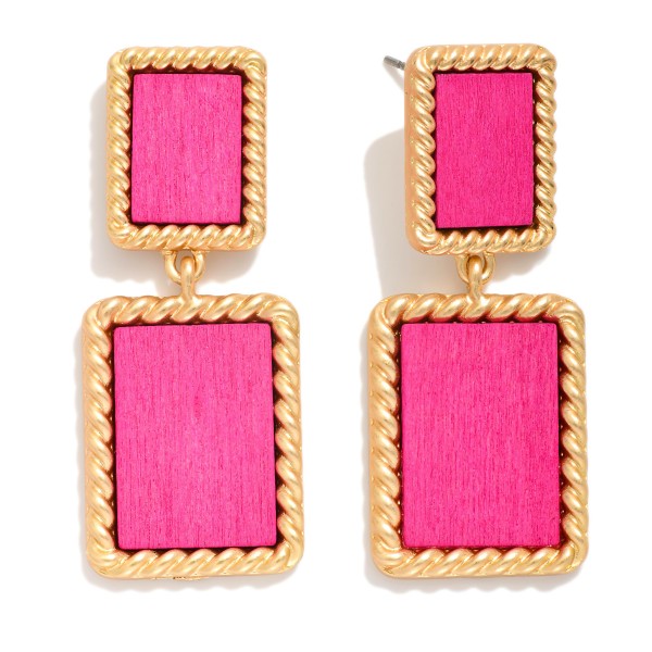 Wholesale linked Wood Rectangles Post Drop Earrings Twisted Metal Border L