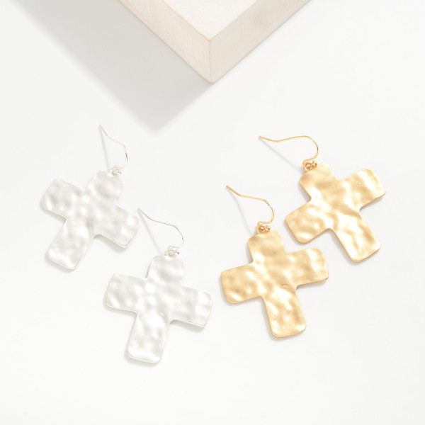 Hammered Metal Cross Drop Earrings 
- Approximately 1.75" L