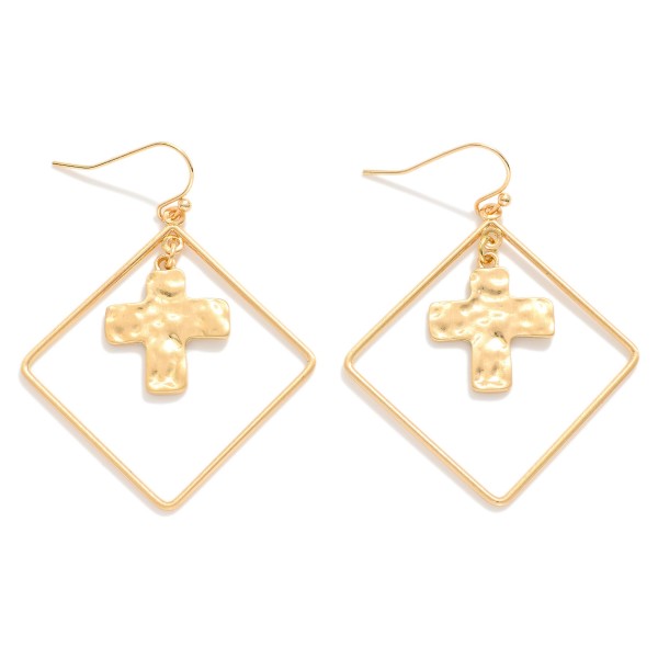 Wholesale nesting Hammered Metal Cross Diamond Drop Earrings L