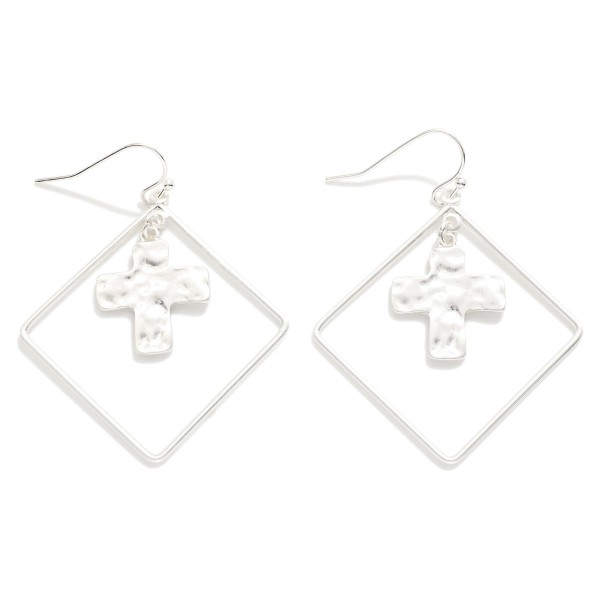 Wholesale nesting Hammered Metal Cross Diamond Drop Earrings L