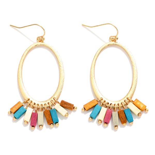 Wire Oval Drop Earring Featuring Square Wood Bead Tassels 

- Approximately 2.25" L