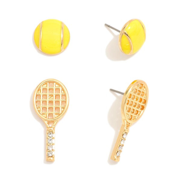 Wholesale set Two Metal Tennis Racket Ball Stud Earrings Rhinestone Details L