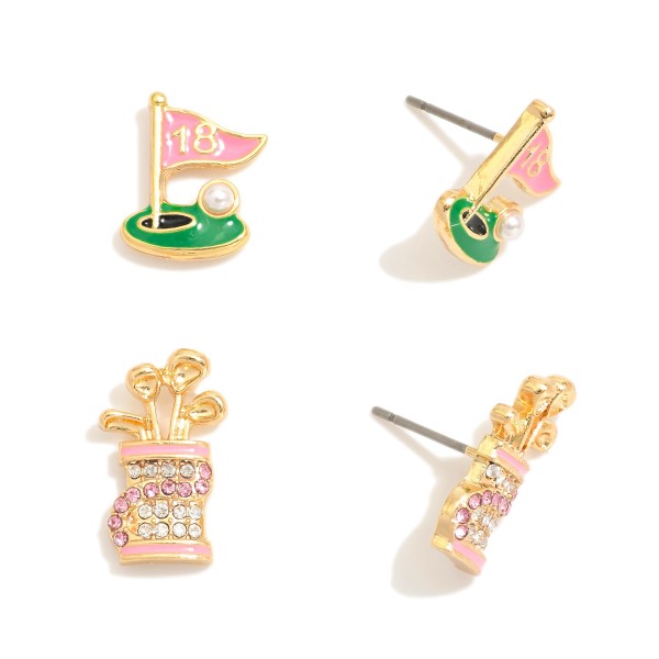 Wholesale set Two Metal Golf Stud Earrings Rhinestone Pearl Details L