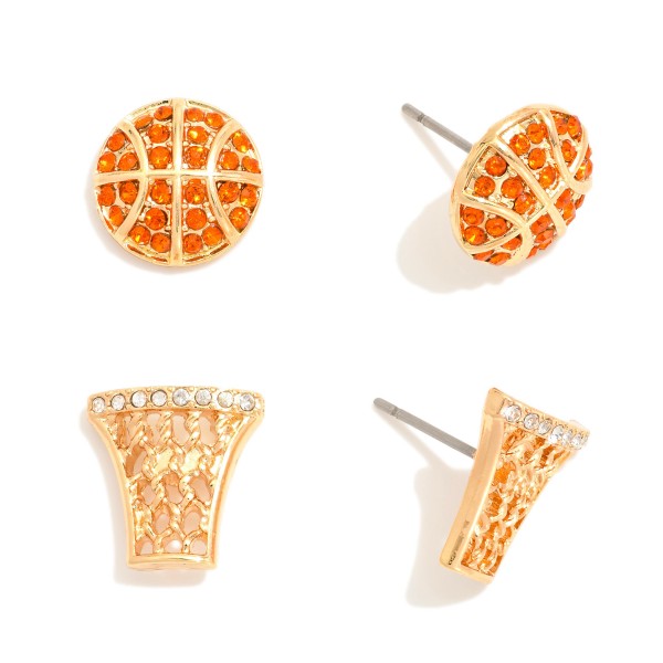 Wholesale set Two Metal Basketball Basketball Net Stud Earrings Rhinestone Detai