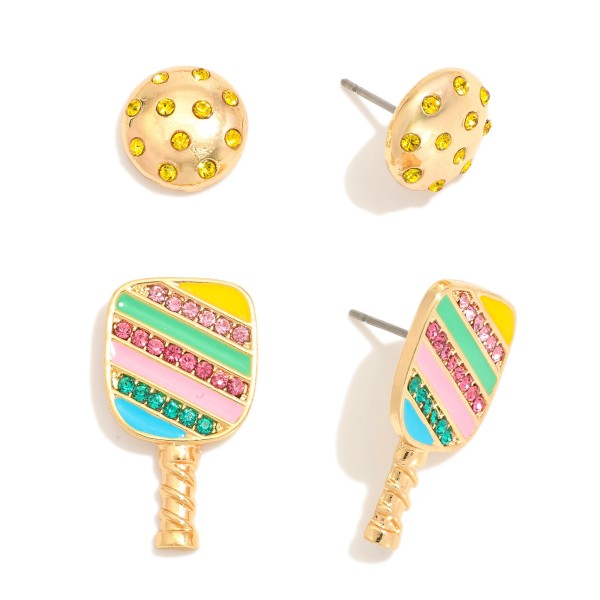 Wholesale set Two Metal Pickleball Pickleball Racket Stud Earrings Rhinestone De