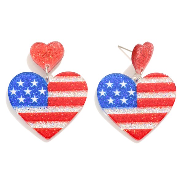 Wholesale linked Glitter Acetate Americana Flag Hearts Post Drop Earrings L
