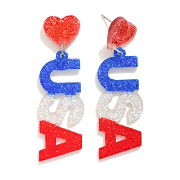 "USA" Glitter Acetate Post Drop Earrings 

- Approximately 2" L