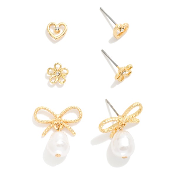 Wholesale set Three Stud Earrings Heart Flower Bow Linked Pearl