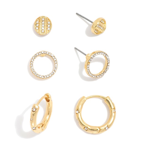 Wholesale set Three Gold Hoop Earrings Rhinestone Accents D