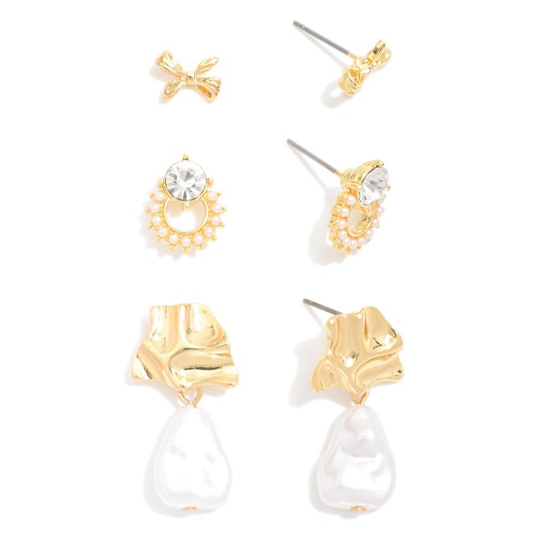 Wholesale set Three Gold Drop Earrings Pearls Rhinestone Accents D