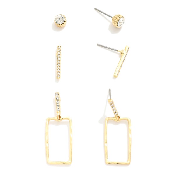 Wholesale set Three Gold Earrings Rhinestone Accents D