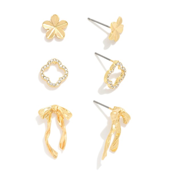 Wholesale set Three Earrings Bow Flower Clover Rhinestone Border L