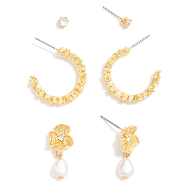 Wholesale set Three Gold Earrings Flowers Rhinestone Accents D