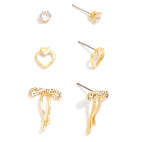 Wholesale set Three Gold Earrings Rhinestone Accents L