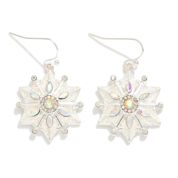 Glitter Enamel Snowflake Drop Earrings Featuring Rhinestone Details 

- Approximately 1" L