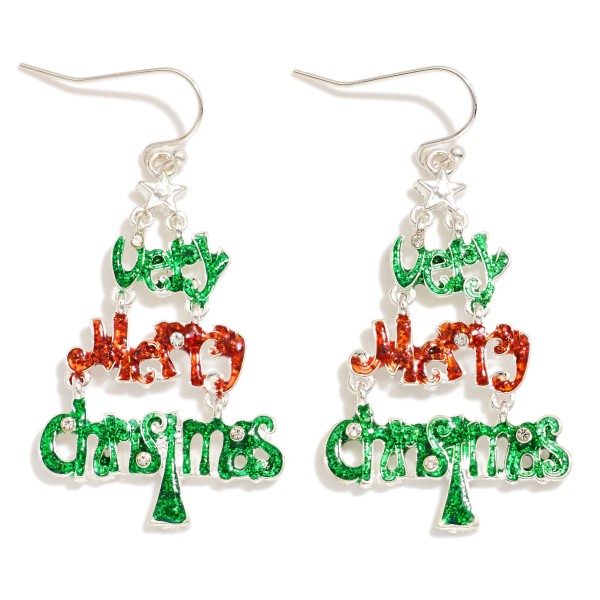 Enamel Glitter "Very Merry Christmas" Christmas Tree Drop Earrings 

- Approximately 1.5" L