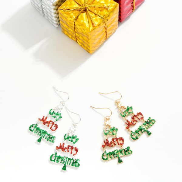 Enamel Glitter "Very Merry Christmas" Christmas Tree Drop Earrings 

- Approximately 1.5" L