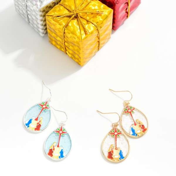 Glitter Resin & Enamel Teardrop Nativity Scene Drop Earrings 

- Approximately 1.5" L