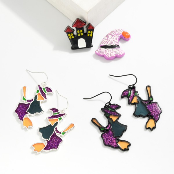 Stained Glass Witch & Broom Drop Earrings 

- Approximately 1.5" L