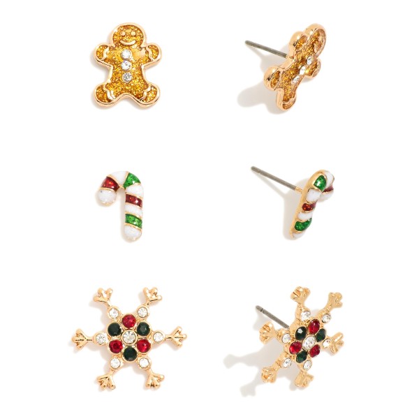 Set Of Three Christmas Stud Earrings Featuring Glitter & Rhinestone Details 

- Approximately .5" L