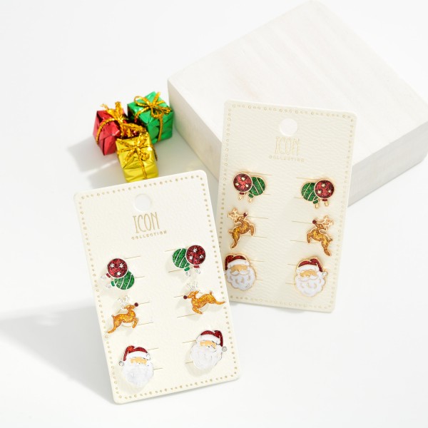 Set Of Three Christmas Enamel Stud Earrings With Glitter Details 
- Approximately .5" L