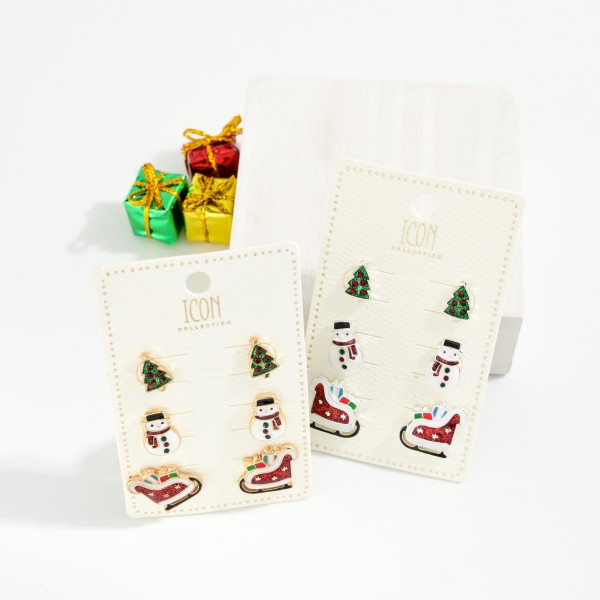 Set Of Three Christmas Stud Earrings Featuring Glitter & Rhinestone Details 
- Approximately .5" L