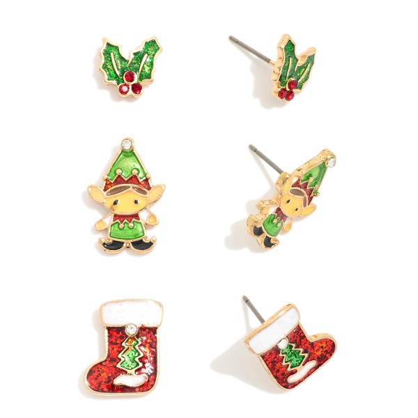 Wholesale set Three Christmas Enamel Stud Earrings Glitter Details L