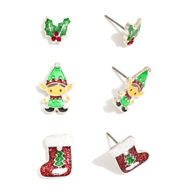 Wholesale set Three Christmas Enamel Stud Earrings Glitter Details L