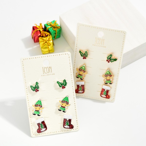 Set Of Three Christmas Enamel Stud Earrings With Glitter Details 
- Approximately .5" L