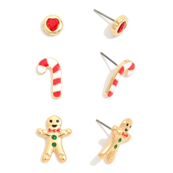 Wholesale set Three Christmas Stud Earrings Gingerbread Man Candy Cane Rhineston