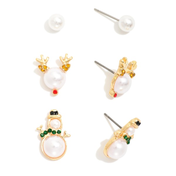 Wholesale set Three Christmas Stud Earrings Snowman Reindeer Pearls L